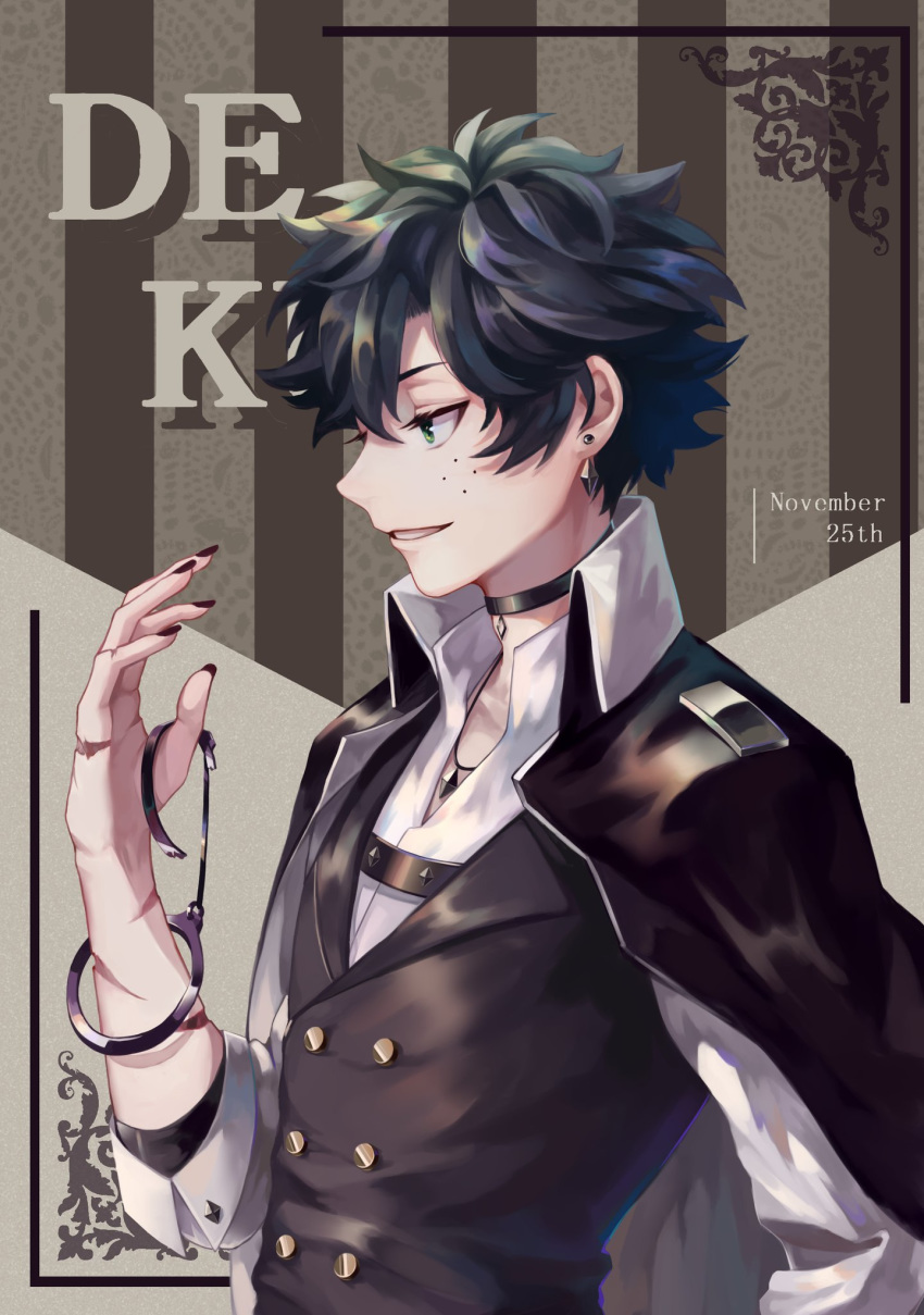 alternate_costume black_choker black_jacket black_nails boku_no_hero_academia character_name choker cuffs dated earrings freckles from_side green_eyes green_hair handcuffs highres jacket jacket_on_shoulders jewelry liyuchen1126 male_focus midoriya_izuku nail_polish necklace parted_lips shirt smile solo vest white_shirt