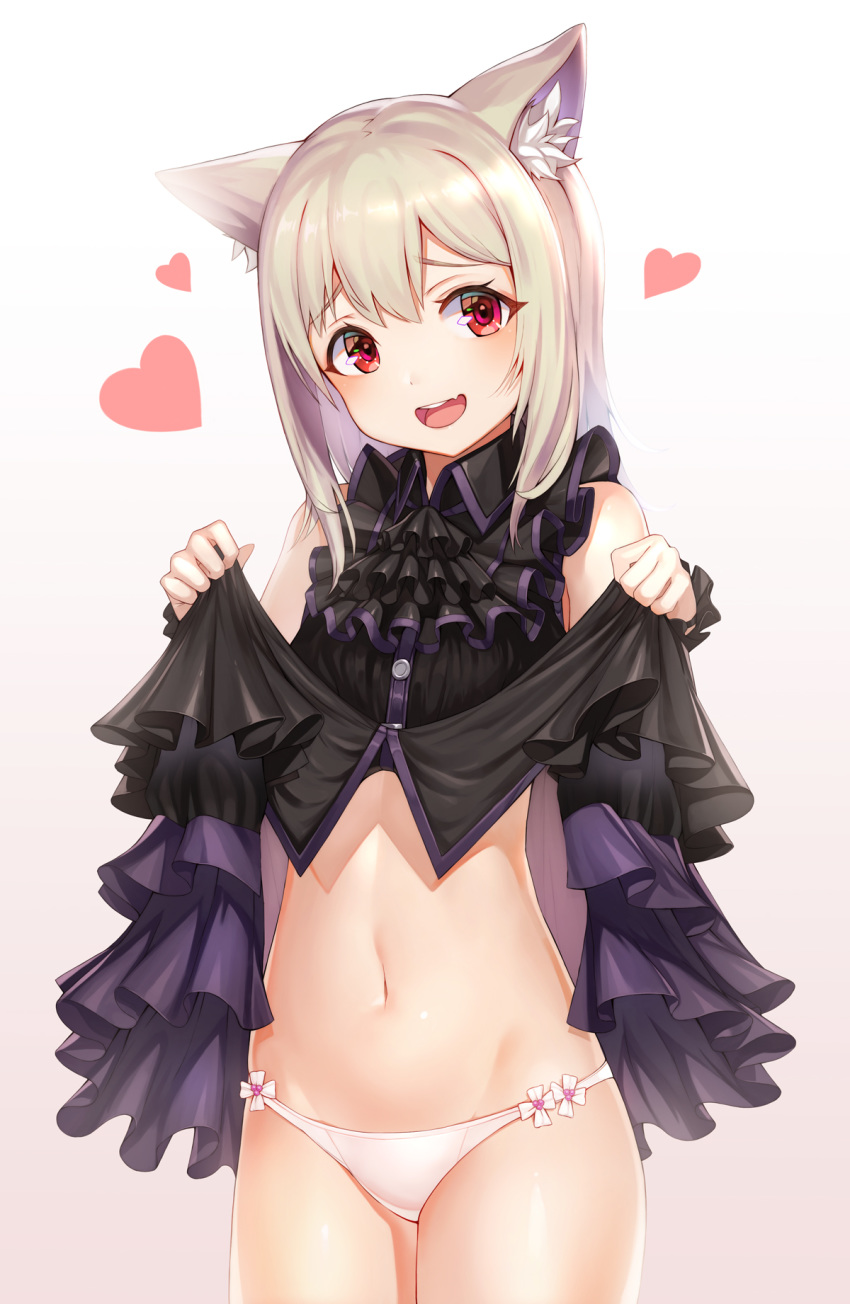 :d animal_ears bangs black_dress blonde_hair blush btraphen cat_ears cowboy_shot dress dress_lift eyebrows_visible_through_hair fang frilled_dress frills gradient gradient_background groin head_tilt heart highres lifted_by_self long_hair looking_at_viewer navel open_mouth original panties red_eyes round_teeth sleeveless sleeveless_dress smile solo standing stomach tareme teeth underwear white_panties wing_collar