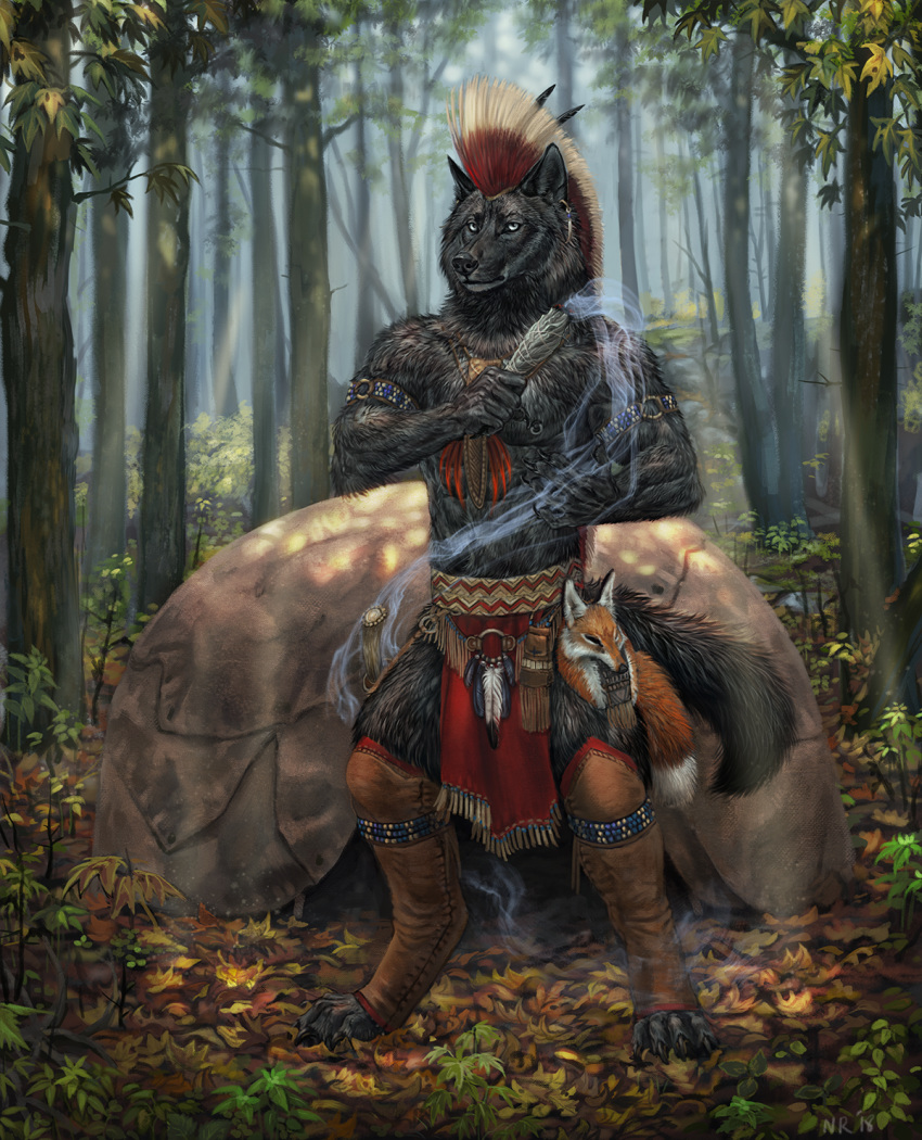 2018 4_toes 5_fingers anthro black_fur black_nose canine day digital_media_(artwork) digital_painting_(artwork) digitigrade forest fur male mammal outside pale_eyes solo tatchit toes tree tribal wolf