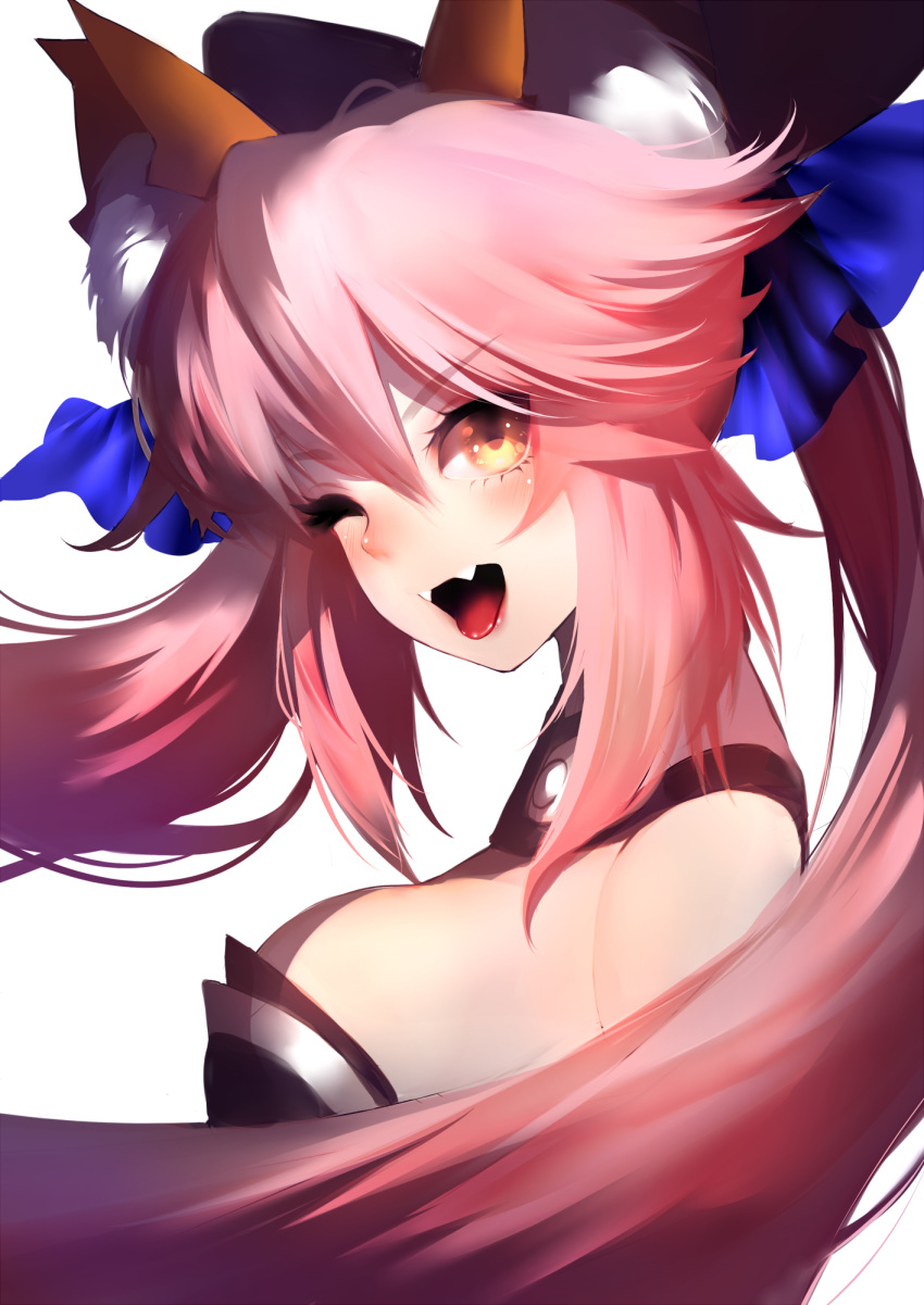;d breasts fate/grand_order fate_(series) floating_hair food from_side hair_ornament highres long_hair medium_breasts one_eye_closed open_mouth pink_hair ponytail rahato sideboob simple_background smile solo tamamo_(fate)_(all) tamamo_no_mae_(fate) upper_body very_long_hair white_background yellow_eyes