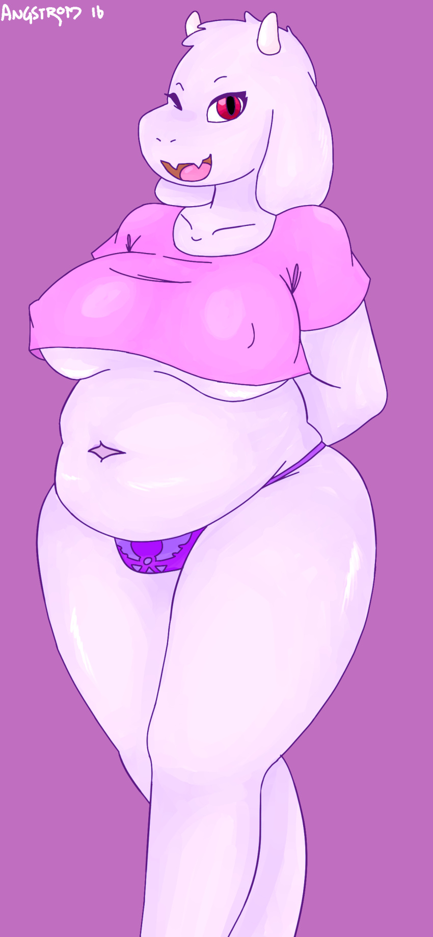 2016 angstrom anthro big_breasts boss_monster breasts caprine clothed clothing deep_navel female fur goat hi_res horn long_ears looking_at_viewer mammal mother navel nipple_bulge overweight overweight_female panties parent pink_background portrait simple_background solo thick_thighs three-quarter_portrait toriel under_boob undertale underwear video_games white_fur
