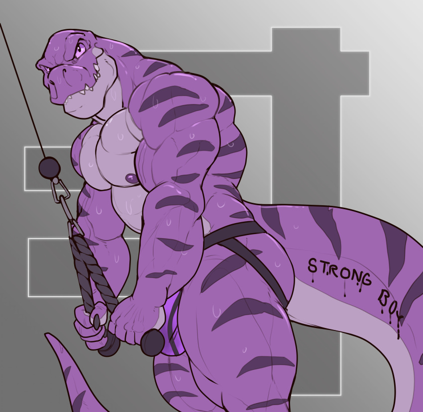 2018 abe_(myroneterni) anthro biceps big_muscles bulge butt claws clothed clothing dinosaur english_text exercise grin hi_res holding_object jockstrap looking_at_viewer male markings muscular muscular_male nightterror nipples partially_clothed pecs pink_eyes purple_nipples purple_skin rope simple_background smaller_version_at_source smile solo standing teeth text theropod thick_tail thick_thighs tyrannosaurus_rex underwear vein weightlifting workout