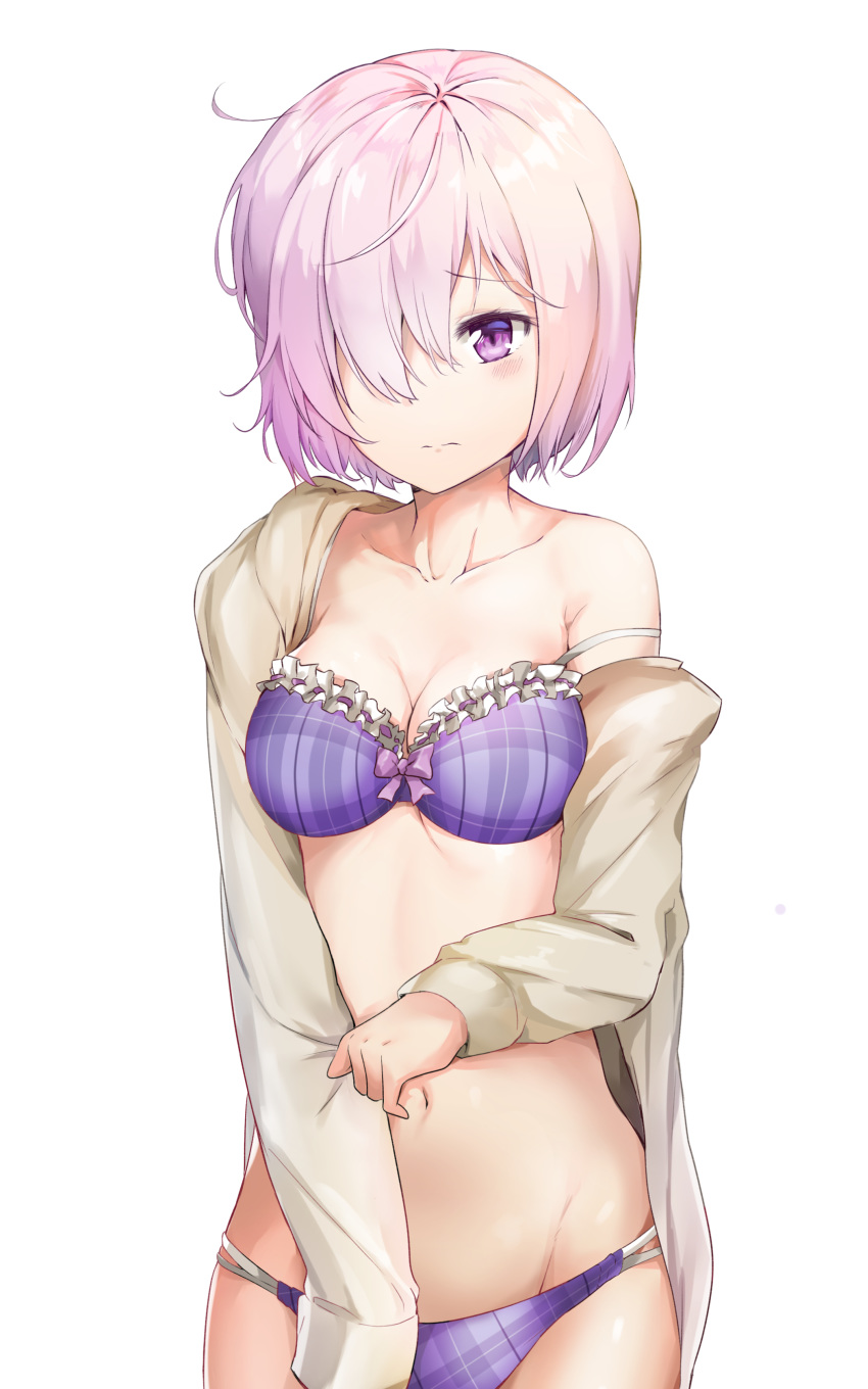 3: absurdres blush bow bow_bra bra collarbone dress_shirt fate/grand_order fate_(series) hair_over_one_eye highres lavender_hair lingerie looking_at_viewer mash_kyrielight multi-strapped_panties navel off_shoulder open_clothes open_shirt panties plaid plaid_bra plaid_panties purple_bow purple_bra purple_eyes purple_panties shirt short_hair simple_background solo stomach strap_slip sunhyun underwear white_shirt