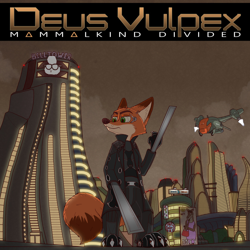 2017 absurd_res anthro blade brown_fur building canine city claws clothed clothing coat cybernetics cyborg deus_ex dipstick_tail disney english_text fox fur green_eyes hi_res hyenatig_(artist) machine male mammal multicolored_tail nick_wilde parody solo text video_games weapon zootopia