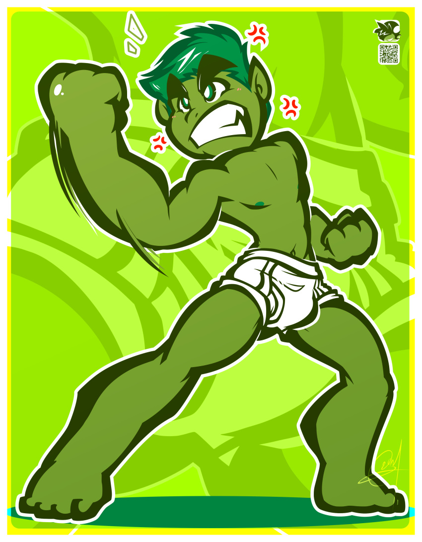 angry beast_boy briefs bulge clothed clothing green_eyes humanoid lilchu male mammal not_furry solo standing teen_titans tighty_whities topless underwear