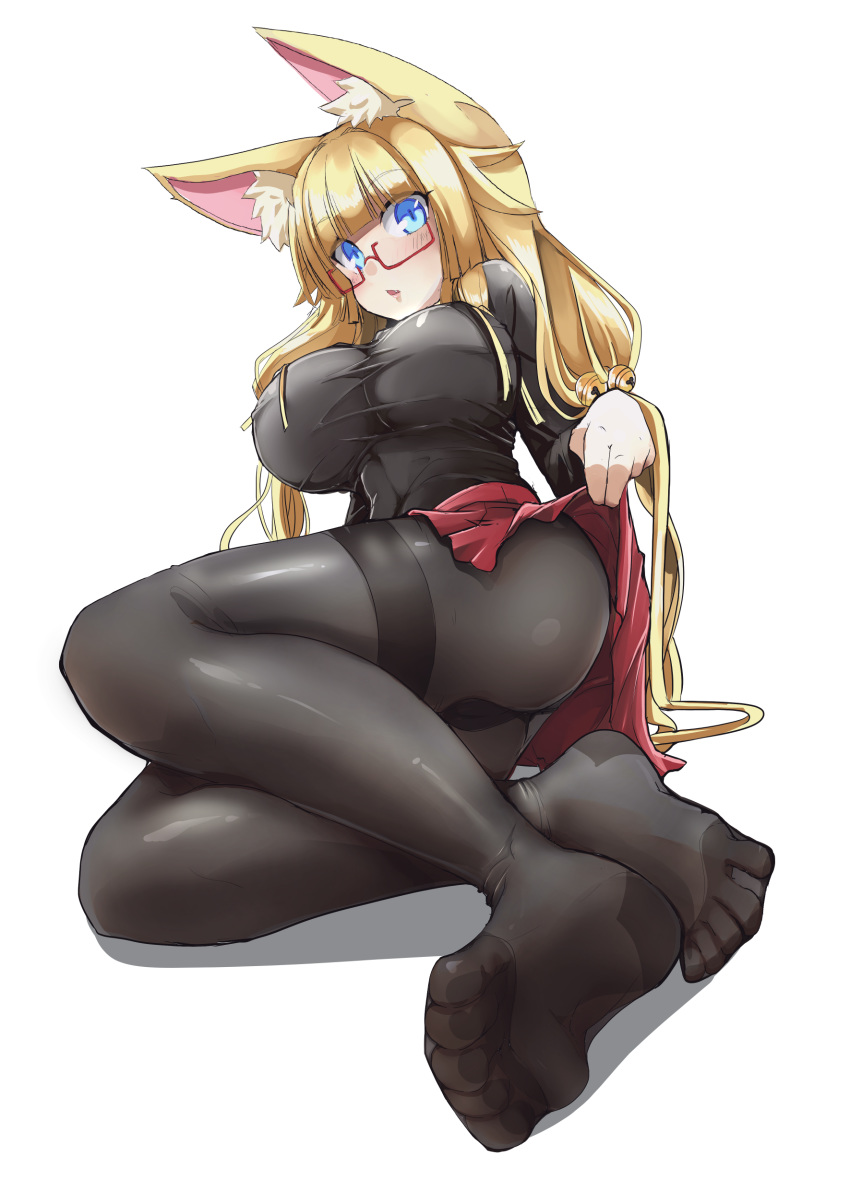 :o absurdres amino_dopple animal_ear_fluff animal_ears ass bangs barefoot black_legwear blue_eyes blunt_bangs blush breasts eyebrows_visible_through_hair feet foreshortening fox_ears full_body highres impossible_clothes large_breasts legs long_hair looking_at_viewer lying on_side original pantyhose parted_lips pleated_skirt red_skirt semi-rimless_eyewear skin_tight skirt skirt_lift soles solo thighband_pantyhose toes transparent_background under-rim_eyewear