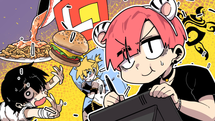:t animal_ears bags_under_eyes bangs bell bell_choker black_hair body_pillow choker commentary_request drawing drawing_tablet eyes_visible_through_hair food hamburger highres kagamine_len korean_commentary lee_hoon male_focus multiple_boys original park_jinim_(parkgee) parkgee pink_hair real_life self-portrait shaded_face stylus suicide_boy tablet tiger_ears v-shaped_eyebrows vocaloid wavy_mouth