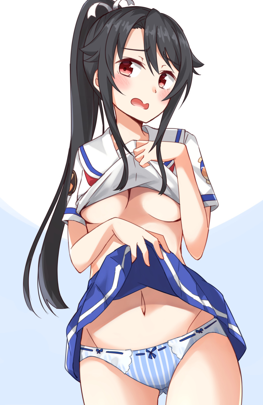 absurdres ass_visible_through_thighs bangs black_hair blue_background blue_ribbon blue_skirt blush bow bow_panties breasts commentary_request eyebrows_visible_through_hair hair_between_eyes hair_flaps hair_ribbon head_tilt high_ponytail high_school_fleet highres kapatarou lifted_by_self long_hair medium_breasts munetani_mashiro navel no_bra open_mouth panties pleated_skirt ponytail red_eyes ribbon ribbon-trimmed_panties school_uniform serafuku shirt shirt_lift short_sleeves sidelocks skirt skirt_lift solo striped two-tone_background underboob underwear vertical-striped_panties vertical_stripes very_long_hair white_background white_ribbon white_shirt yokosuka_girls_marine_high_school_uniform