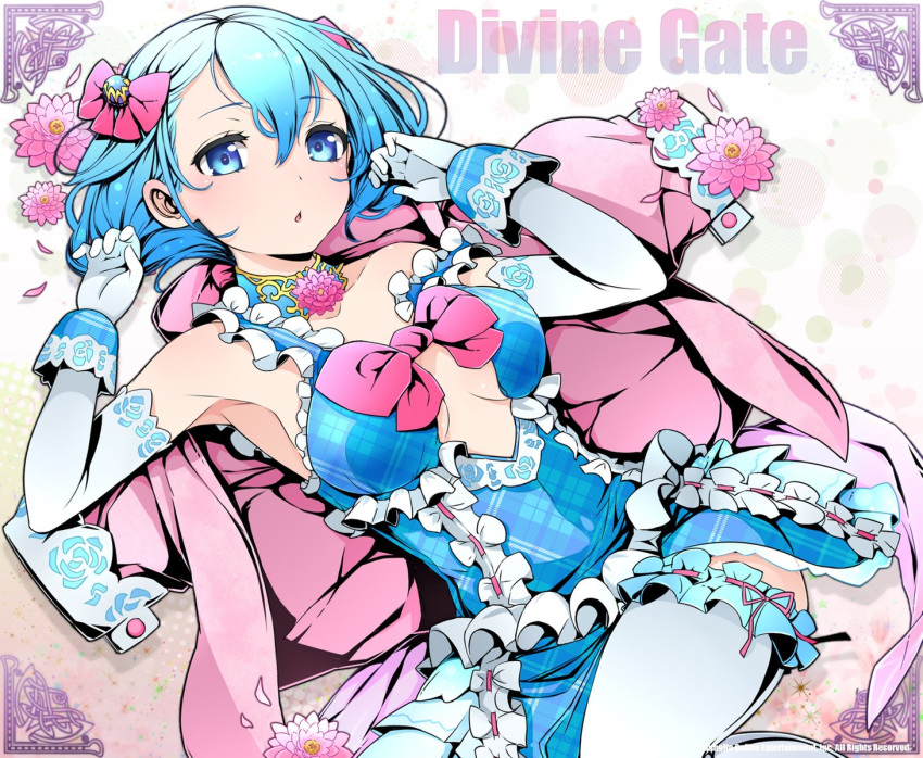 1girl artist_request blue_eyes blue_hair breasts choker divine_gate dress elbow_gloves female gloves no_bra short_hair solo thighhighs vivian_(divine_gate)