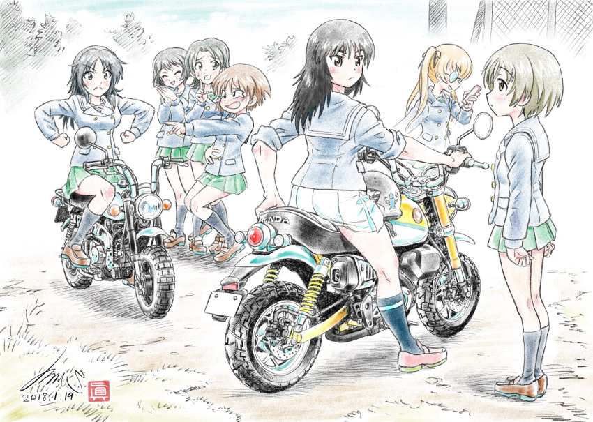 arm_support artist_name bangs black_hair black_legwear black_ribbon blue_coat brown_footwear brown_hair cellphone check_commentary closed_eyes commentary_request dated day double-breasted emblem eyebrows_visible_through_hair fence finger_to_mouth flexing freckles frown girls_und_panzer glasses grass green_skirt grimace grin ground_vehicle hair_ribbon hand_on_own_stomach helmet highres holding holding_cellphone holding_phone honda honda_monkey kubota_shinji laughing loafers long_sleeves making_faces maruyama_saki miniskirt motor_vehicle motorcycle multiple_girls murakami_(girls_und_panzer) on_motorcycle ooarai_naval_school_uniform ooarai_school_uniform oono_aya opaque_glasses outdoors parted_bangs phone pleated_skirt pointing pose print_legwear ribbon riding round_eyewear sailor_collar sakaguchi_karina sawa_azusa school_uniform shark shoes shushing signature sitting skirt sky sleeves_rolled_up smartphone smile socks sweatdrop tearing_up tree twintails utsugi_yuuki v-shaped_eyebrows vehicle_request watermark white_skirt winter_uniform yamagou_ayumi