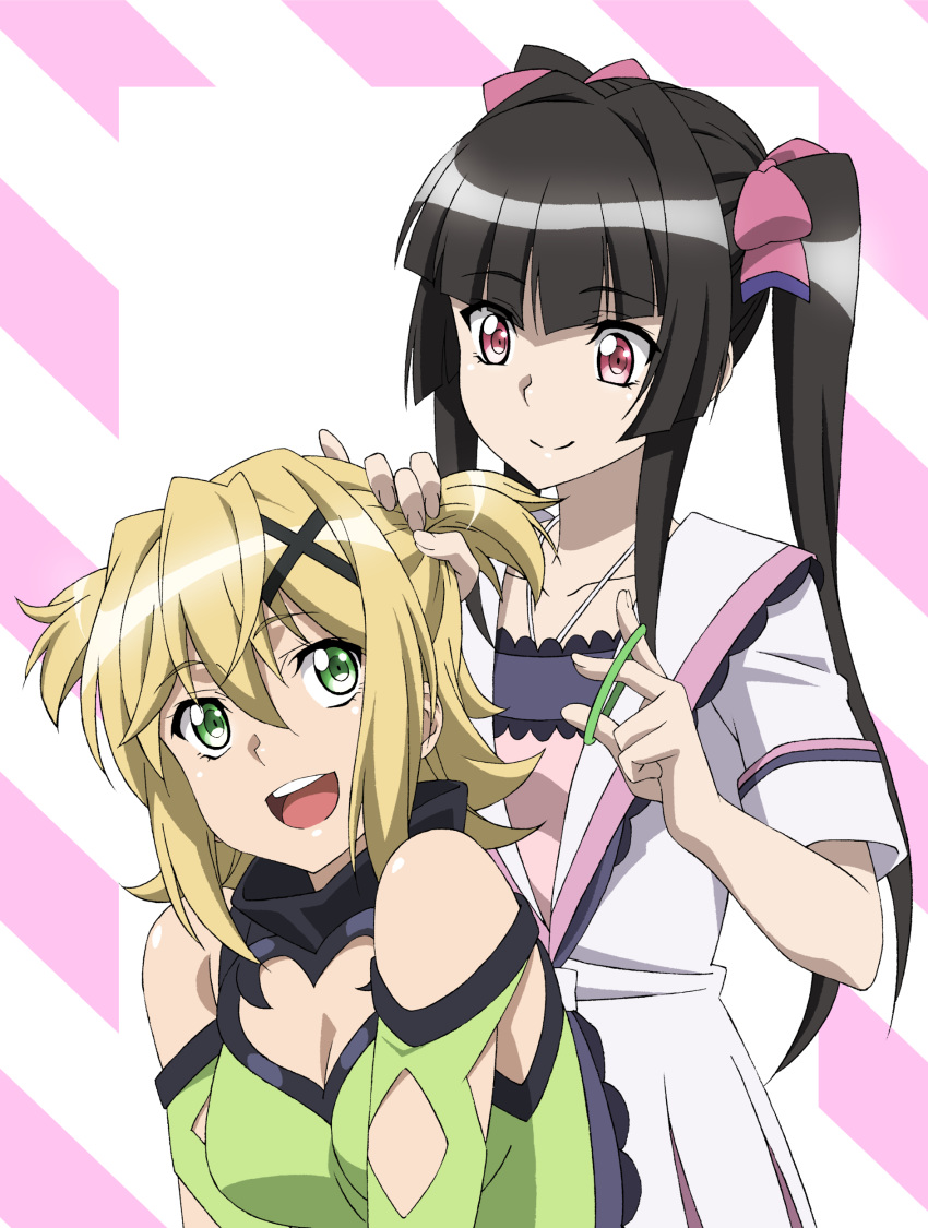 :d absurdres akatsuki_kirika bangs blunt_bangs bow breasts commentary_request green_eyes hair_bow hair_ornament highres large_breasts long_hair looking_back medium_breasts miyabi_mt-b multiple_girls open_mouth purple_bow purple_eyes senki_zesshou_symphogear short_sleeves sidelocks skirt smile tsukuyomi_shirabe twintails twintails_day two_side_up very_long_hair x_hair_ornament