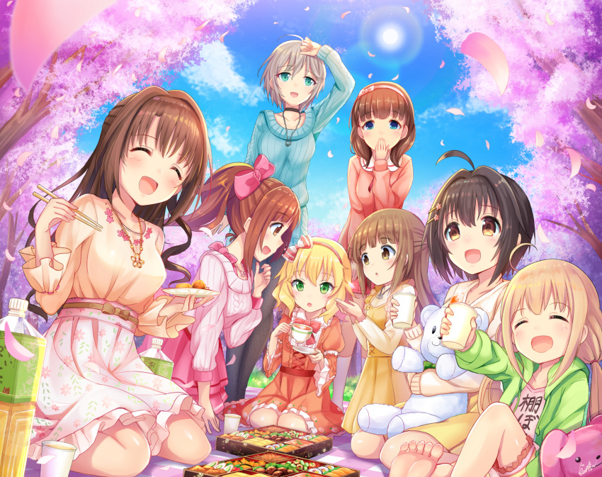 :d :o ahoge anastasia_(idolmaster) bangs barefoot black_hair blanket blonde_hair blue_eyes blush bottle bow bowtie brown_eyes brown_hair cherry_blossoms choker chopsticks closed_eyes clothes_writing cloud commentary_request covering_mouth cup day disposable_cup dress earrings eyebrows_visible_through_hair floral_print food frilled_sleeves frills futaba_anzu grass green_eyes hair_bow hair_ornament hairband hairclip half_updo hanami hand_over_own_mouth high-waist_skirt highres holding holding_chopsticks holding_cup holding_plate hood hoodie idolmaster idolmaster_cinderella_girls igarashi_kyouko jewelry kneehighs kohinata_miho long_hair long_sleeves low_twintails multiple_girls necklace obentou one_side_up open_clothes open_hoodie open_mouth outdoors pantyhose partial_commentary petals picnic pink_hairband plate ponytail sakuma_mayu sakurai_momoka seiza shimamura_uzuki shirt short_hair shorts side_ponytail signature silver_hair sitting skirt sky smile stud_earrings stuffed_animal stuffed_bunny stuffed_toy sun sunlight sweater sweater_dress t-shirt teacup teddy_bear tree twintails u_rin wariza wavy_hair yorita_yoshino