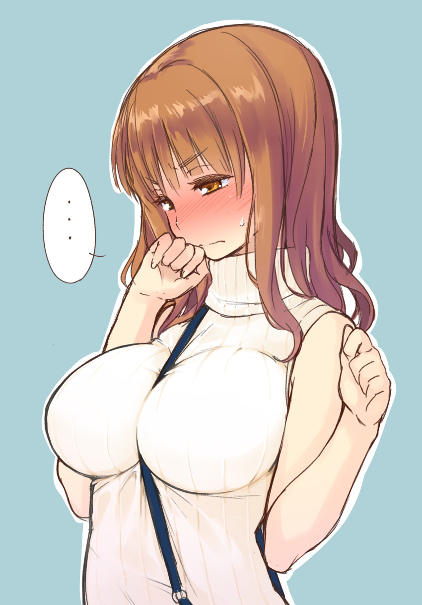 absurdres bag bangs between_breasts blunt_bangs blush breasts commentary_request girls_und_panzer handbag highres long_hair looking_down orange_hair ribbed_sweater sleeveless sleeveless_turtleneck solo strap_cleavage sweater sweater_vest takebe_saori turtleneck turtleneck_sweater upper_body uro