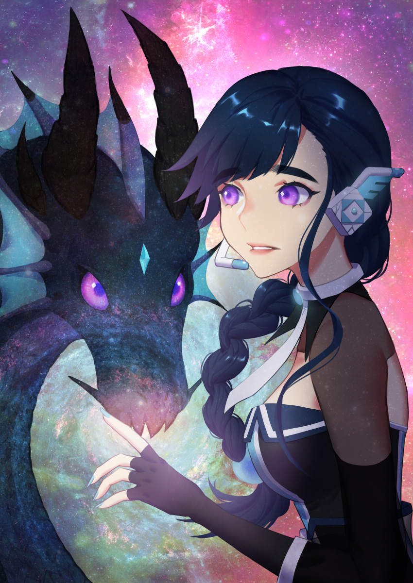 absurdres alys black_gloves blue_hair braid breasts cleavage dragon dragon_horns gloves highres horns large_breasts official_art purple_eyes saphirya voxwave