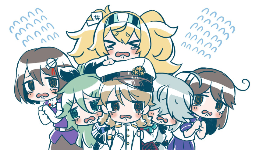 &gt;_&lt; @_@ black_hair blonde_hair braid brown_hair chaki_(teasets) closed_eyes commentary_request crossover drill_hair eyebrows_visible_through_hair female_admiral_(kantai_collection) flying_sweatdrops gambier_bay_(kantai_collection) green_hair grey_hair haguro_(kantai_collection) hair_over_eyes hamanami_(kantai_collection) hat highres idolmaster idolmaster_cinderella_girls kantai_collection light_brown_hair long_hair military military_uniform morikubo_nono multiple_girls naval_uniform open_mouth peaked_cap school_uniform serafuku short_hair tearing_up trait_connection twin_braids twintails uniform upper_body ushio_(kantai_collection) yamakaze_(kantai_collection)