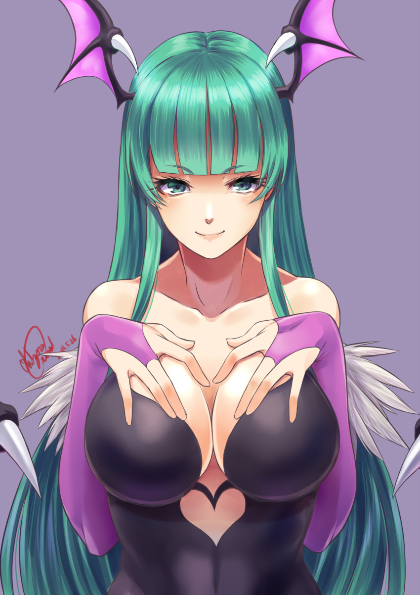 bat_wings breasts bridal_gauntlets cleavage demon_girl green_hair head_wings heart_cutout highres large_breasts long_hair looking_at_viewer morrigan_aensland ooike_teru purple_wings solo succubus vampire_(game) wings