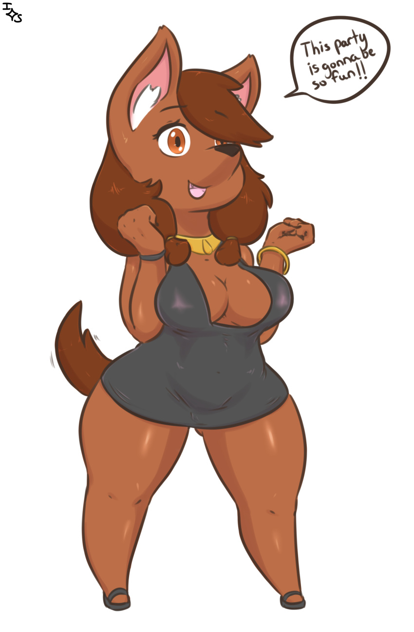 angel_(lightsource) anthro big_breasts black_nose bracelet breasts brown_eyes brown_fur brown_hair canine cleavage clothed clothing dialogue dog dress english_text eyebrows eyelashes female fur hair hi_res immortalstar jewelry mammal open_mouth simple_background smile solo speech_bubble text thick_thighs white_background wide_hips