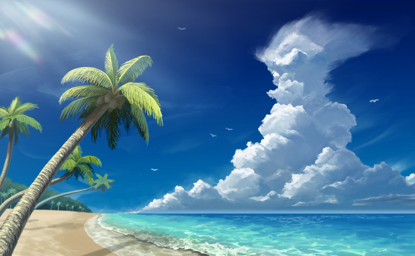 bird blue_sky cloud coconut coconut_tree commentary_request day horizon no_humans nokiya ocean original palm_tree sand scenery seagull shadow sky summer tree