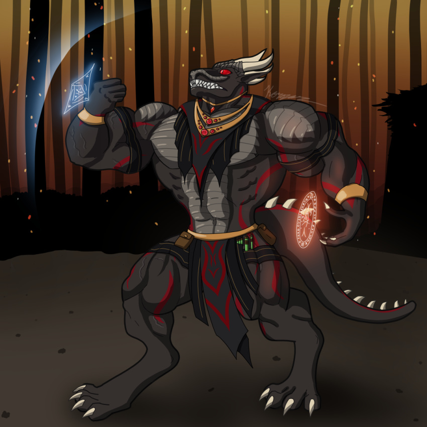 abs anthro biceps big_muscles claws clothed clothing digitigrade dragon forest korozar_(artist) korozar_(character) line_art magic male muscular muscular_male outside partially_clothed raised_arm red_eyes scalie shaded solo standing teeth tree