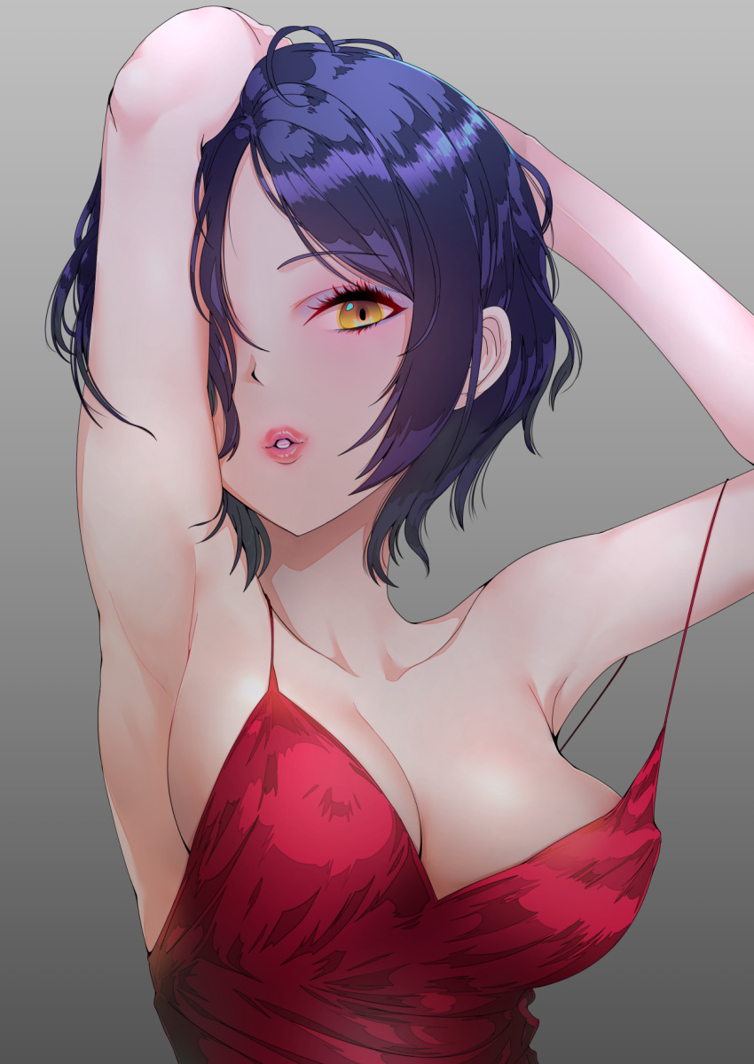 armpits arms_up bangs bare_shoulders black_hair blush breasts cleavage collarbone covered_nipples dress eyebrows_visible_through_hair eyelashes eyeshadow hair_over_one_eye hayami_kanade highres idolmaster idolmaster_cinderella_girls large_breasts lips looking_at_viewer makeup maou(demonlord) parted_bangs parted_lips red_dress short_hair simple_background sleeveless sleeveless_dress solo spaghetti_strap upper_body yellow_eyes