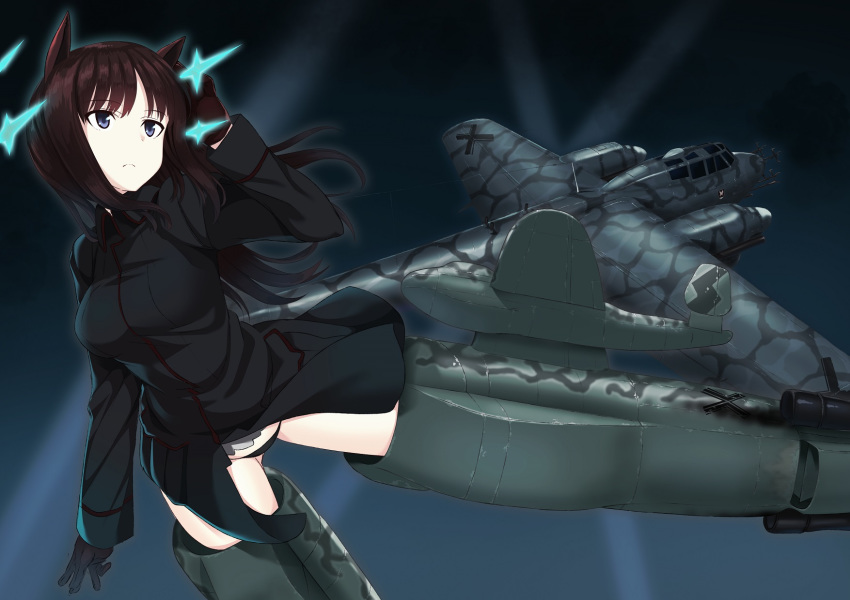 a9b_(louis814) aircraft airplane animal_ears ass_visible_through_thighs black_panties blue_eyes brown_hair commentary dog_ears dornier_do217 eyebrows_visible_through_hair gloves helmina_lent highres long_hair long_sleeves military military_uniform no_pants panties solo strike_witches striker_unit underwear uniform world_witches_series