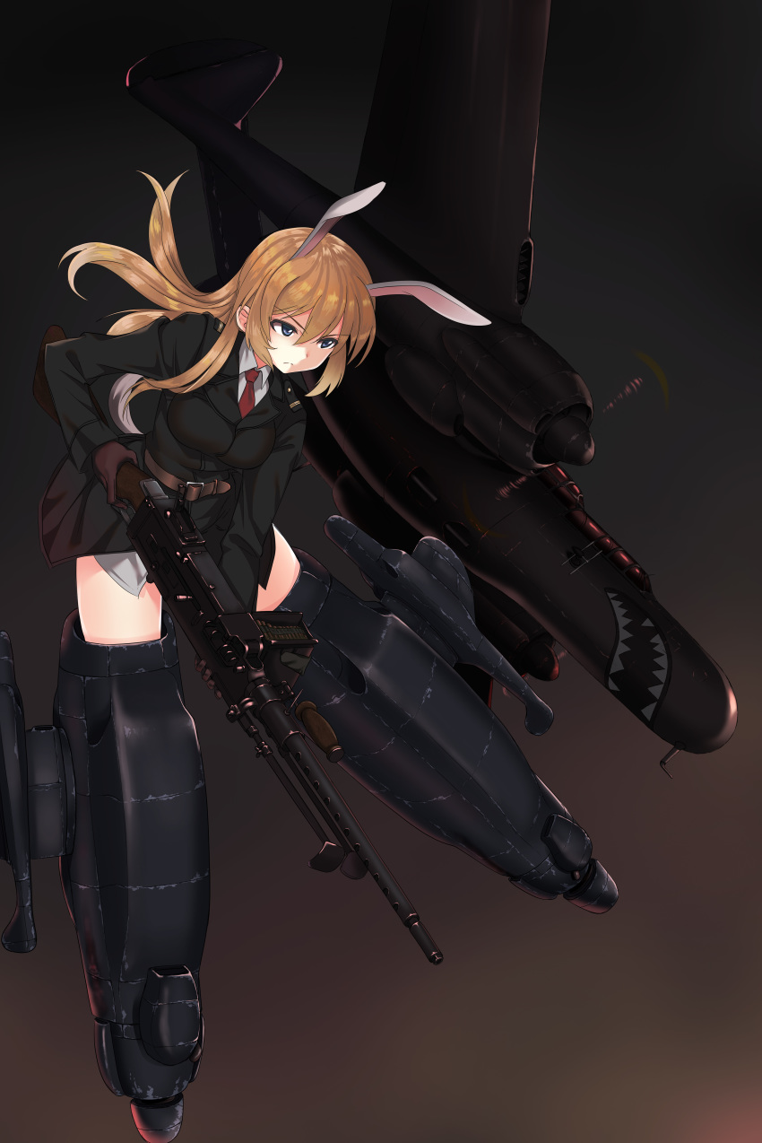 a9b_(louis814) absurdres aircraft airplane alternate_costume animal_ears blue_eyes bunny_ears charlotte_e_yeager commentary_request gloves highres long_hair long_sleeves necktie orange_hair p-61_black_widow partial_commentary red_neckwear solo strike_witches striker_unit tail weapon_request world_witches_series