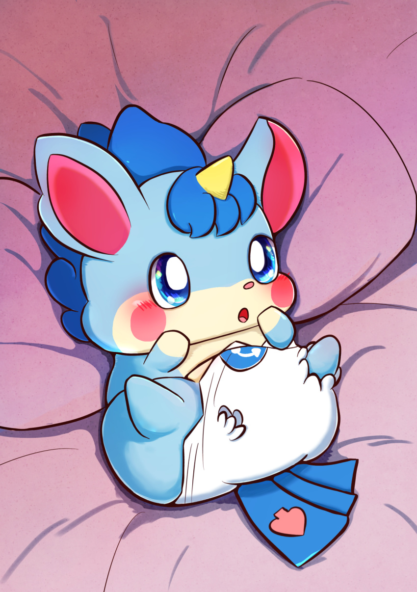 ambiguous_gender anthro bed_sheet bedding blue_eyes blue_fur blue_hair blush blush_sticker clothing cocotama equine featureless_limbs fur hair hi_res himitsu_no_cocotama horn lying mammal mewsaur on_back open_mouth panties panties_down pillow raichi_(cocotama) semi-anthro solo spread_legs spreading tongue underwear