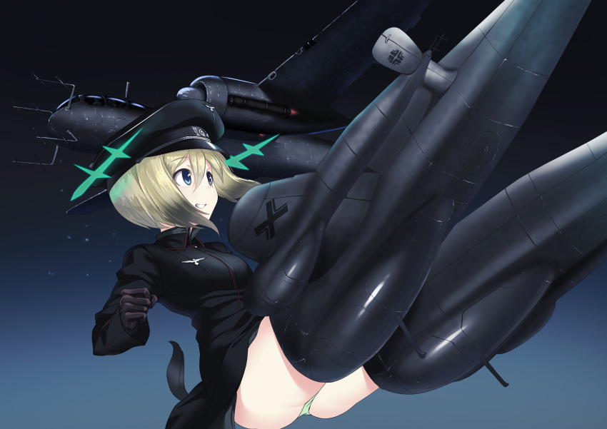 a9b_(louis814) absurdres aircraft airplane alternate_costume ass blonde_hair blue_eyes brown_hair commentary erica_hartmann eyebrows_visible_through_hair gloves grin hat he_219 highres hirschgeweih_antennas long_sleeves military military_uniform multicolored_hair panties pantyshot short_hair smile solo strike_witches striker_unit tail two-tone_hair underwear uniform world_witches_series