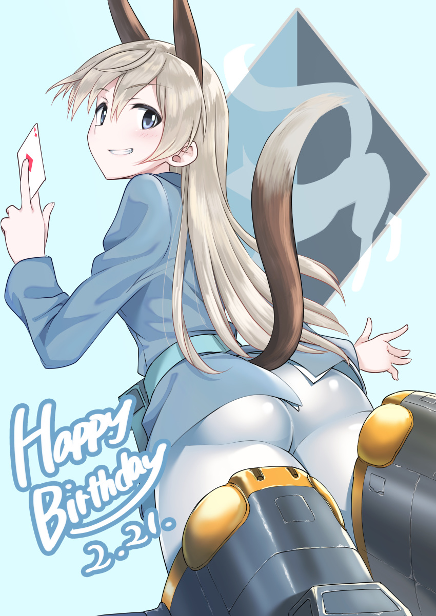 a9b_(louis814) absurdres ace_of_diamonds animal_ears ass blonde_hair blue_eyes dated eila_ilmatar_juutilainen eyebrows_visible_through_hair fox_ears fox_tail happy_birthday highres long_hair long_sleeves looking_at_viewer looking_back military military_uniform pantyhose solo strike_witches striker_unit tail uniform white_legwear world_witches_series