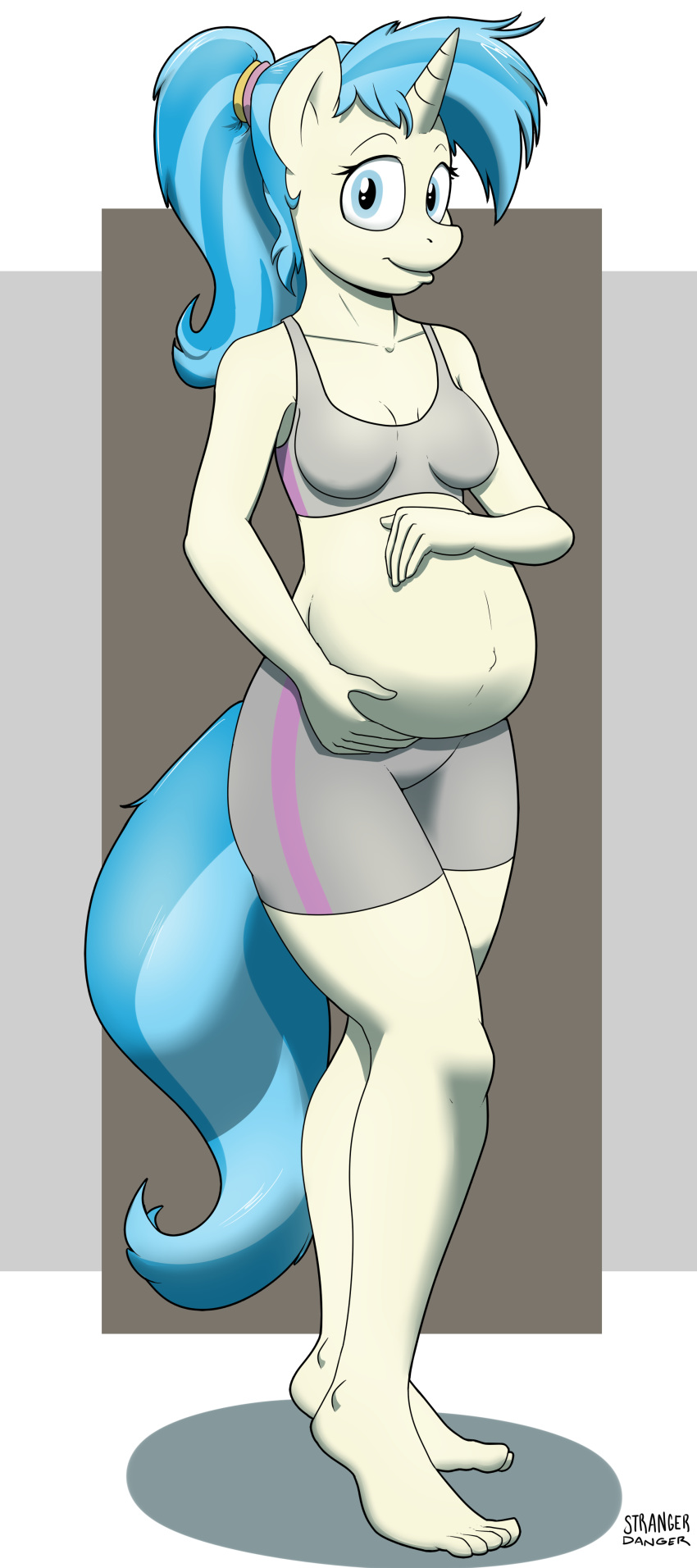 anthro anthrofied barefoot belly big_belly blue_eyes blue_hair clothing equine female friendship_is_magic fur hair hi_res horn long_hair looking_at_viewer mammal multicolored_hair my_little_pony navel pinny_lane_(mlp) pregnant smile solo standing strangerdanger two_tone_hair unicorn