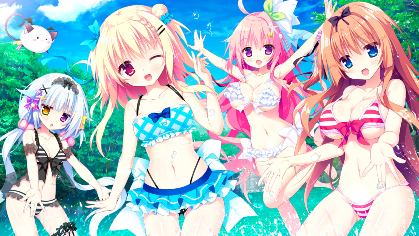 bikini futaba_mikana haruharu_(koisuru_kokoro_to_mahou_no_kotoba) hearts hitohira_kazane hoshiyomi_mashiro koisuru_kokoro_to_mahou_no_kotoba shiromochi_sakura swimsuits