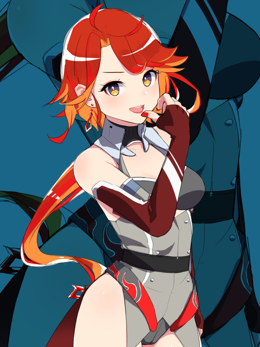 :d arm_at_side azur_lane bare_shoulders black_leotard blush bright_pupils cowboy_shot earrings elbow_gloves fingerless_gloves gloves gradient_hair hand_up highres jewelry leotard long_hair looking_at_viewer multicolored_hair nail_polish nezuko open_mouth orange_hair phoenix_(azur_lane) ponytail red_gloves red_hair red_nails smile solo standing very_long_hair yellow_eyes