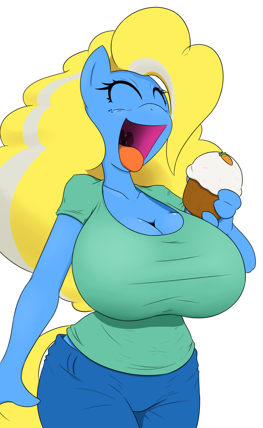 angelthecatgirl anthro big_breasts blue_fur breasts carrot clothing cupcake equine female food fur hair happy hi_res horse mammal multicolored_hair my_little_pony pixie_(character) pony solo tongue vegetable