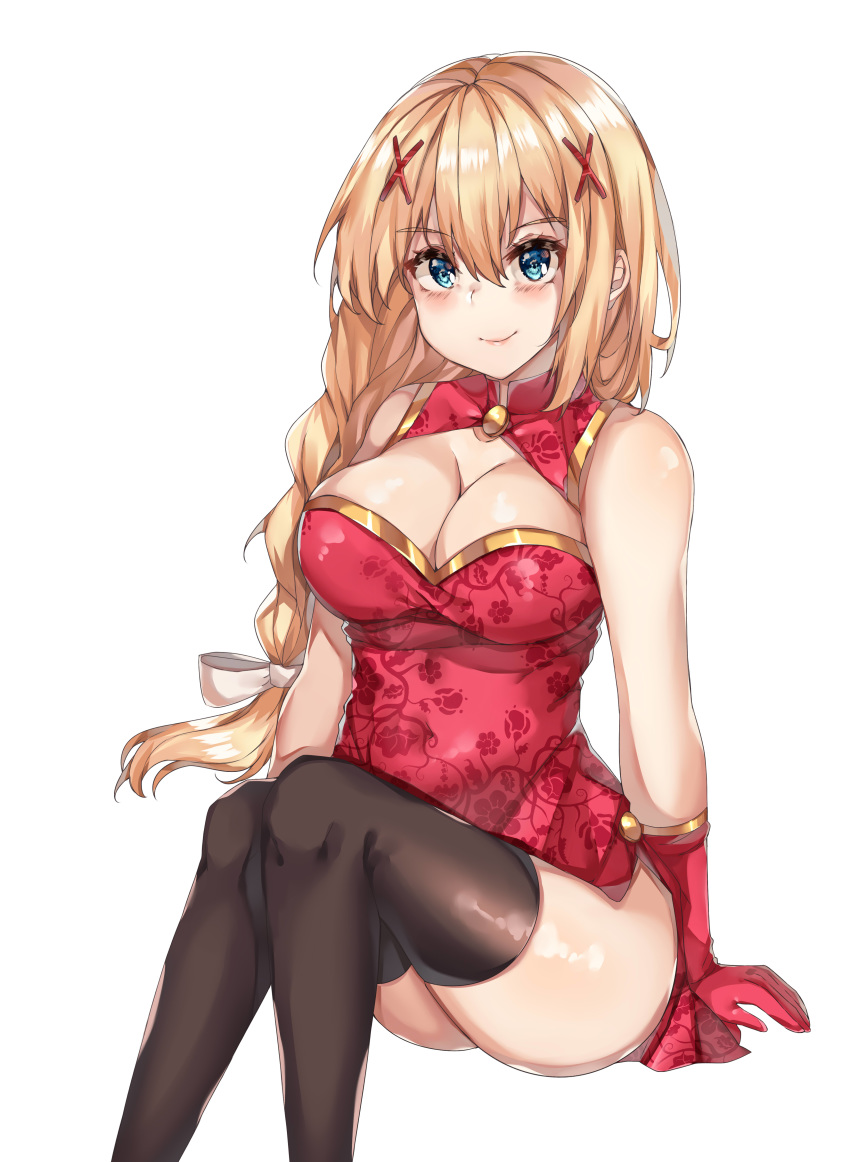 1girl absurdres bare_shoulders blonde_hair blue_eyes blush breasts chinese_clothes darkness_(konosuba) hair_between_eyes highres kanniepan kono_subarashii_sekai_ni_shukufuku_wo! large_breasts long_hair red_clothes sitting smile thighhighs