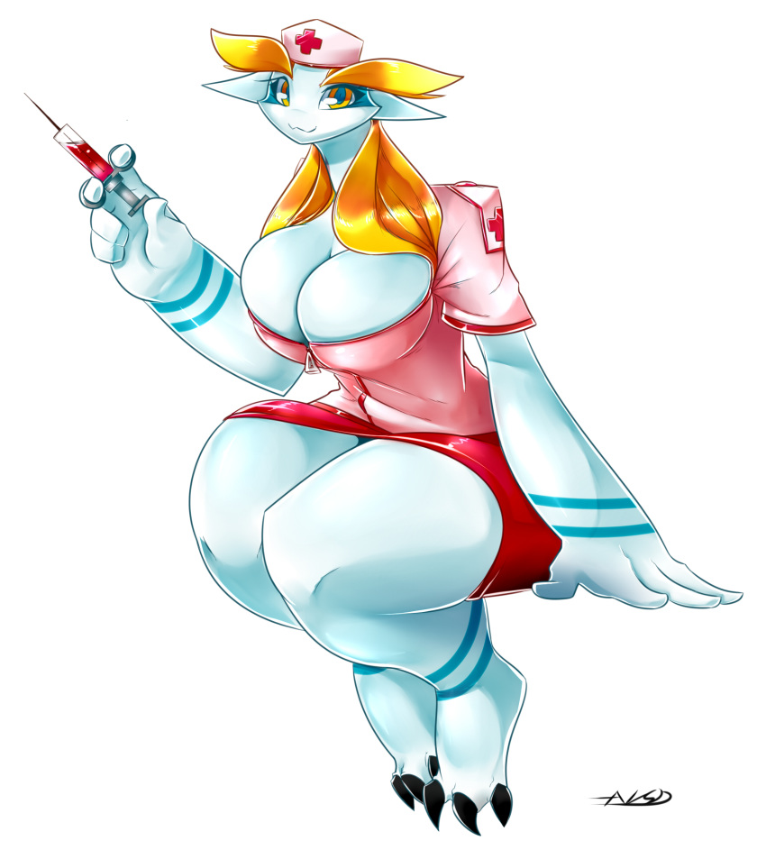 2015 5_fingers aijou anthro athletic averyshadydolphin bending_knees big_breasts black_claws blonde_hair blue_markings breasts claws cleavage clothed clothing digital_media_(artwork) dragon eyebrows eyelashes female hair hi_res jou long_ears long_hair looking_at_viewer markings nurse nurse_uniform red_liquid simple_background skirt small_head smile solo syringe tall thick_thighs uniform white_background white_skin yellow_eyes
