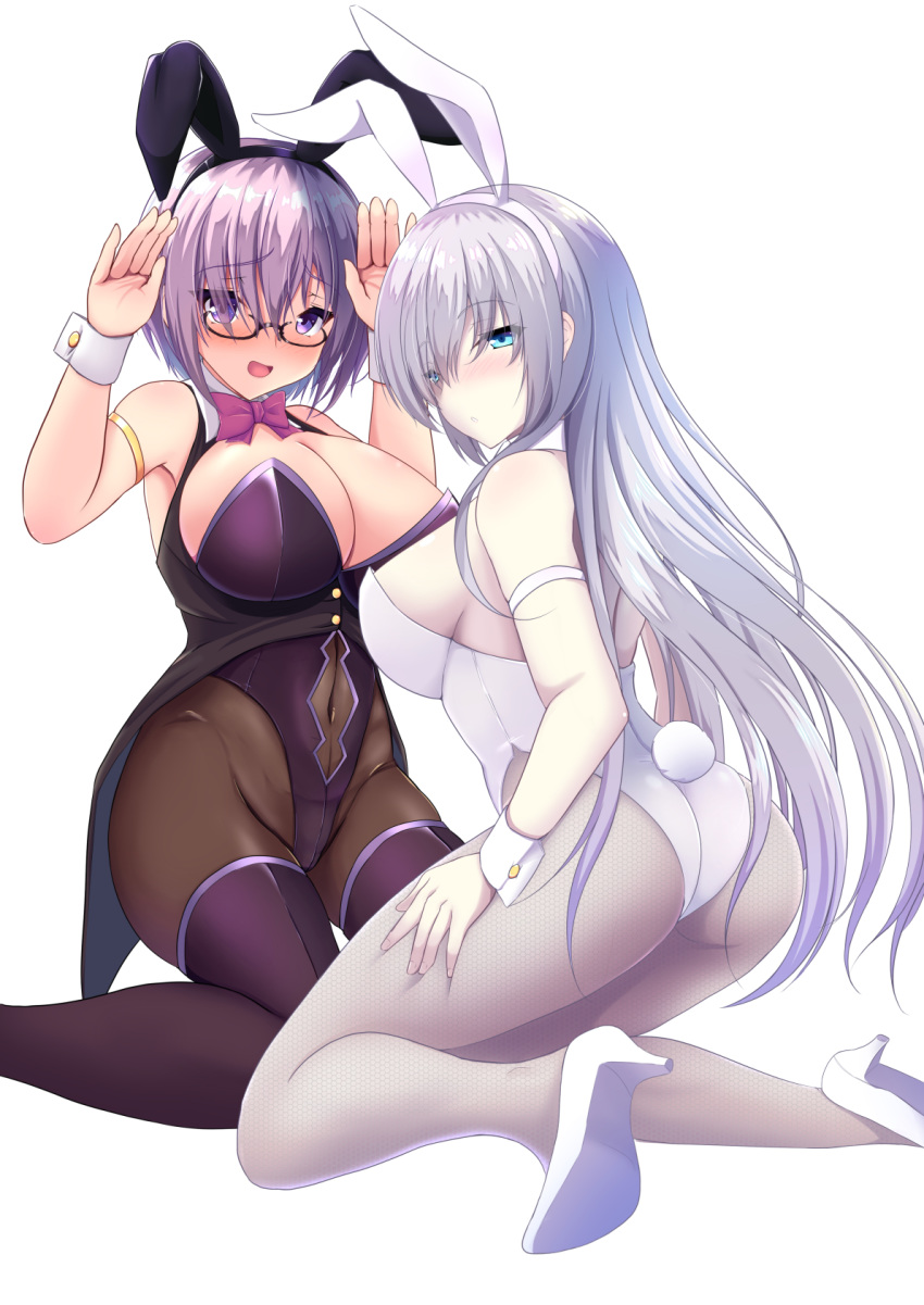 anastasia_(fate/grand_order) animal_ears bare_shoulders black_leotard blue_eyes blush boots bow bowtie breasts bunny_ears bunny_girl bunny_tail bunnysuit checkered checkered_floor cleavage detached_collar eyebrows_visible_through_hair fate/grand_order fate_(series) fishnet_pantyhose fishnets glasses hair_between_eyes high_heels highres large_breasts leotard long_hair looking_at_viewer mash_kyrielight multiple_girls okatora open_mouth pantyhose purple_eyes purple_hair seiza short_hair silver_hair simple_background sitting sky star_(sky) starry_sky tail thigh_boots thighhighs white_background white_leotard wrist_cuffs