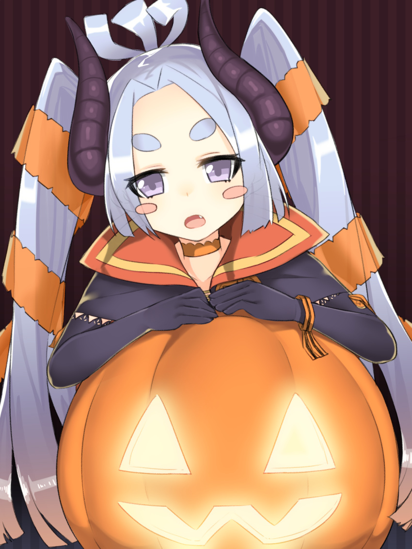 bangs black_gloves blue_hair blush_stickers character_request choker elbow_gloves fang gloves halloween head_tilt highres horns jack-o'-lantern long_hair looking_at_viewer nezuko open_mouth orange_choker parted_bangs pumpkin purple_eyes sengoku_bushouki_muramasa solo striped striped_background thick_eyebrows topknot twintails