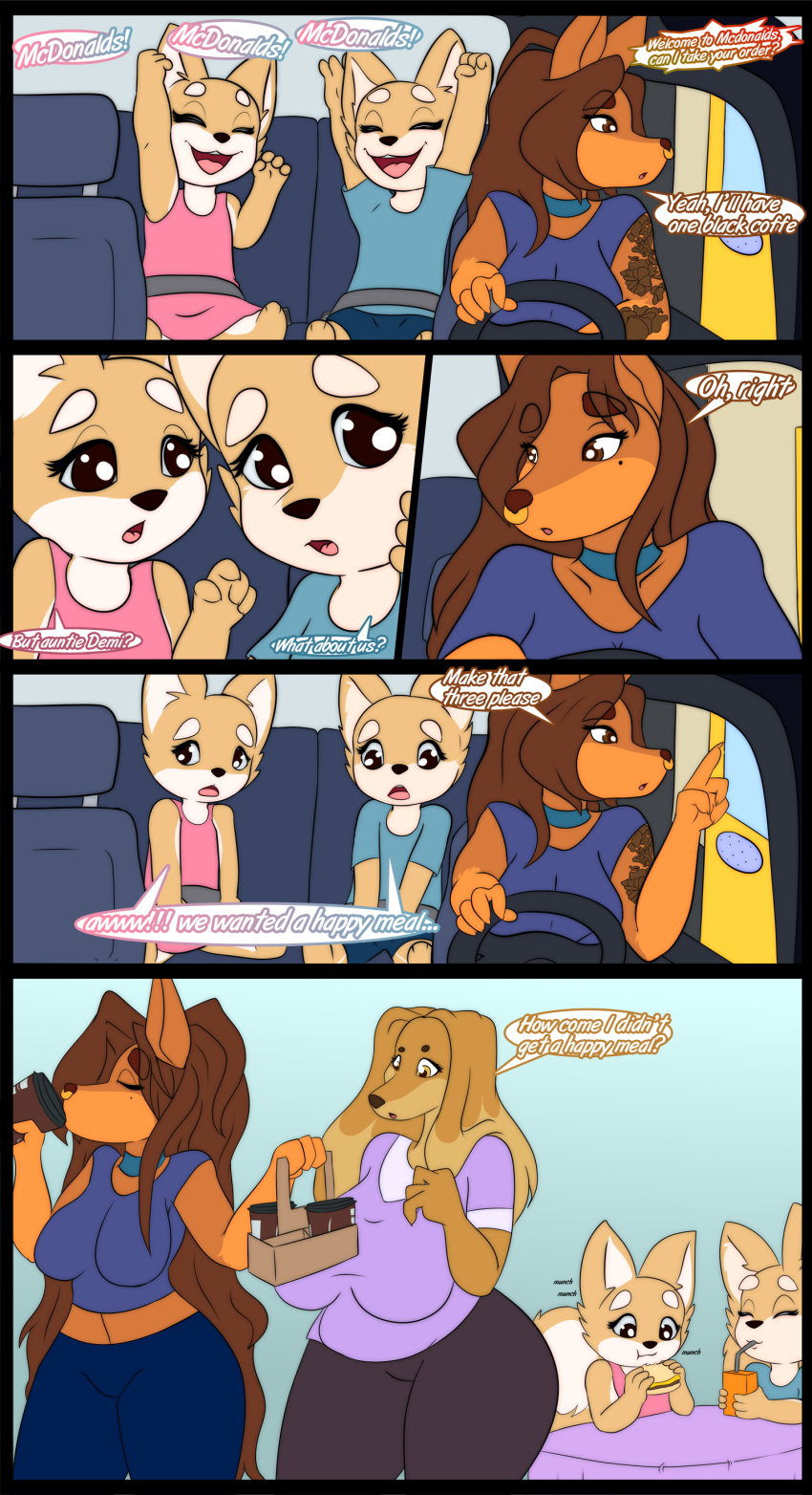 2018 absurd_res amber_eyes anthro beverage big_breasts breasts brown_eyes brown_hair canine car clothed clothing coffee comic dialogue doberaunt doberman dog dogmom drinking eating english_text facial_piercing female food frankie_(cherrikissu) group hair hi_res huge_breasts huge_hips inside long_hair mammal midriff neronova nose_piercing nose_ring piercing saluki stacy_(cherrikissu) tattoo text vehicle