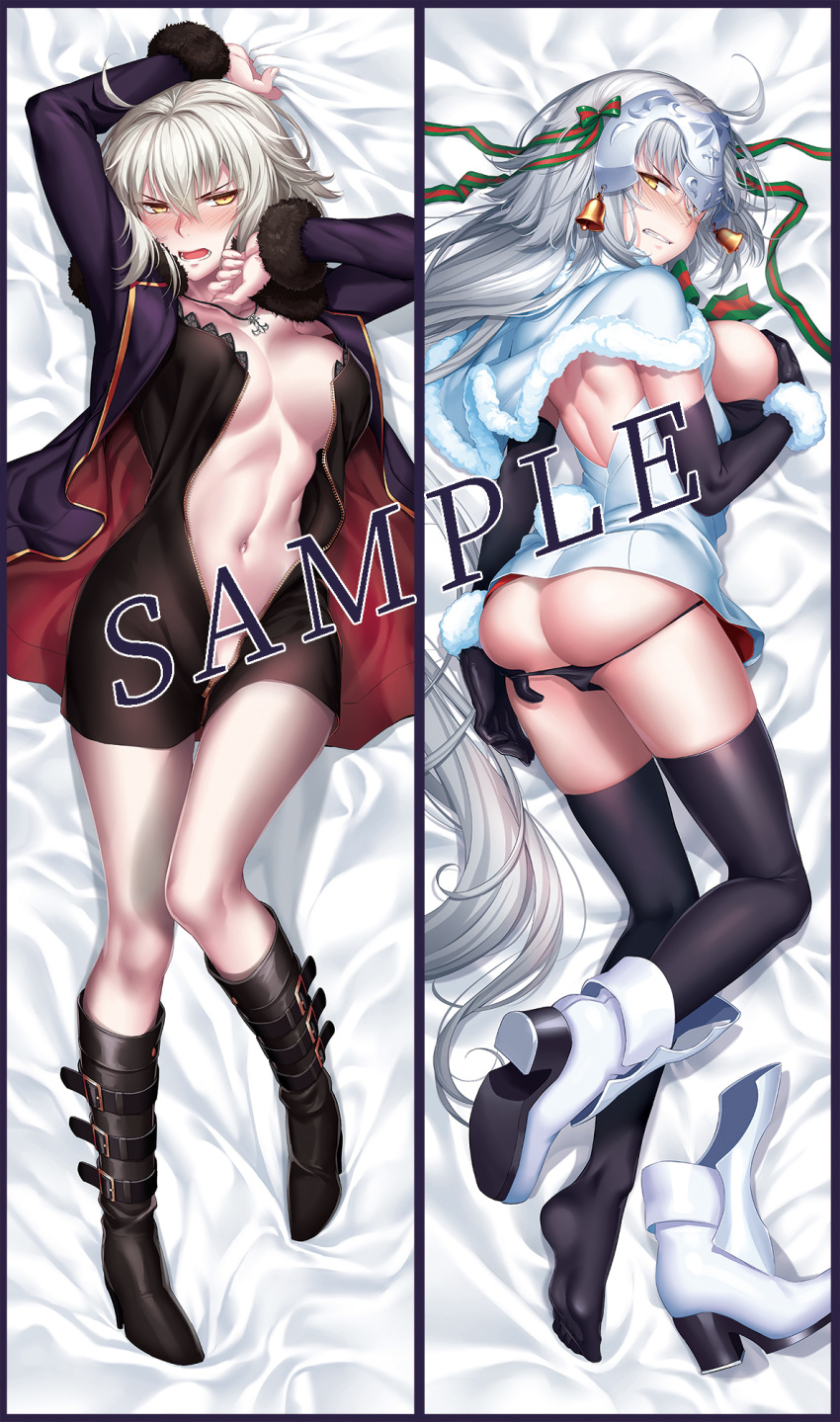 ass bare_back bed_sheet bell belt_boots black_bra black_dress black_footwear black_gloves black_panties boot_removed boots border bra capelet clenched_teeth coat collarbone commentary_request cosplay covering covering_one_breast dakimakura dress elbow_gloves fate/grand_order fate_(series) fur-trimmed_capelet fur-trimmed_coat fur-trimmed_gloves fur_trim gloves green_ribbon headpiece high_heel_boots high_heels highres jeanne_d'arc_(alter)_(fate) jeanne_d'arc_(fate)_(all) jeanne_d'arc_alter_santa_lily jeanne_d'arc_alter_santa_lily_(cosplay) jewelry knee_boots long_hair lying multiple_views navel necklace okitakung on_back on_side open_clothes open_dress open_mouth panties panty_pull purple_border purple_coat red_ribbon ribbon sample sheet_grab short_dress short_hair silver_hair single_boot striped striped_ribbon teeth undersized_clothes underwear unzipped white_capelet white_dress white_footwear wicked_dragon_witch_ver._shinjuku_1999 yellow_eyes zipper