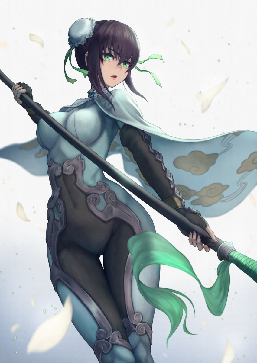 1girl absurdres black_gloves blue_cape bodysuit breasts brown_hair cape covered_navel fate/grand_order fate_(series) fingerless_gloves gloves green_ribbon hair_bun hair_ribbon highres holding holding_weapon medium_breasts polearm print_cape qin_liangyu_(fate) ribbon short_hair_with_long_locks sidelocks skin_tight solo weapon yasu_(segawahiroyasu)