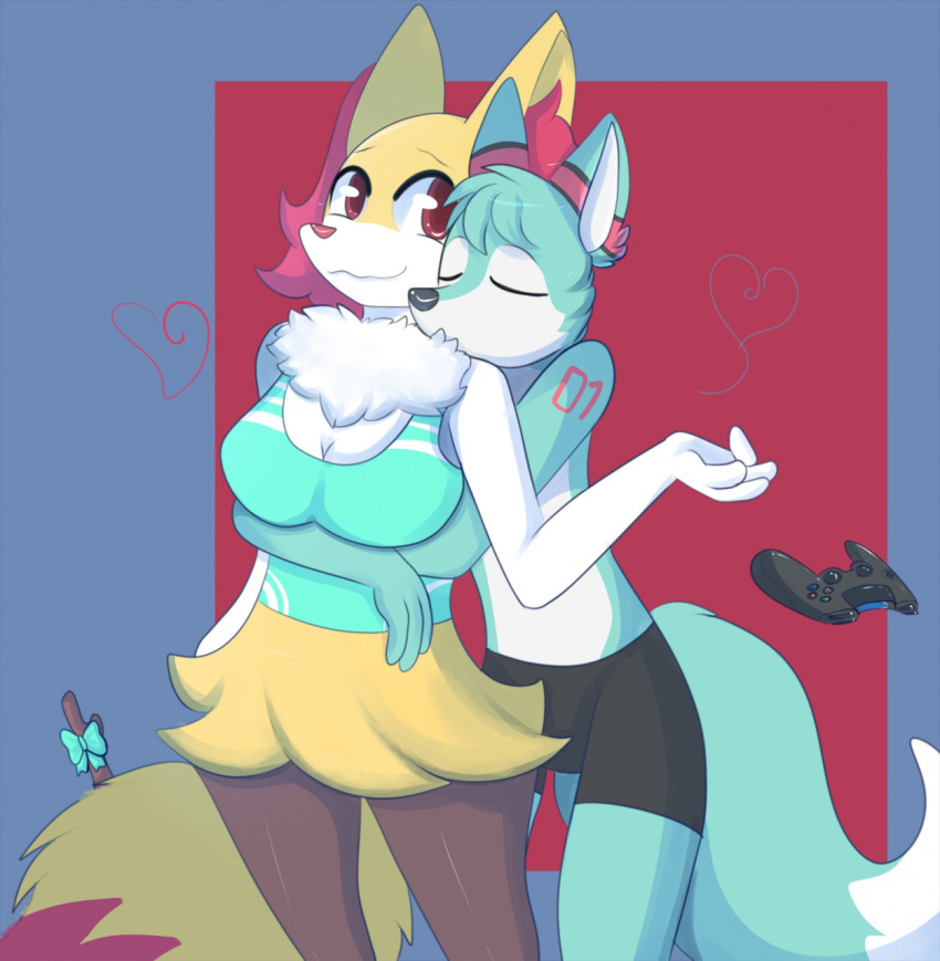 &lt;3 2018 anthro blue_fur braixen breasts canine cleavage clothed clothing controller dipstick_tail duo eyes_closed fan_character female fox fur fur_markings game_controller hug inner_ear_fluff kitsunekotaro male mammal mane markings multicolored_tail nintendo pok&eacute;mon pok&eacute;mon_(species) red_eyes red_nose ribbons roflfox romantic_couple seraphine_(roflfox) shirt stick tank_top tattoo underwear video_games white_fur yellow_fur