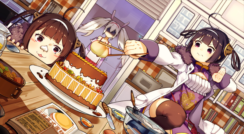 :3 ahoge animal_ears azur_lane bangs bare_shoulders black_hair blush book breasts brown_hair brown_legwear bunny_ears cake camisole china_dress chinese_clothes chopsticks cleavage closed_mouth commentary dress dutch_angle eyebrows_visible_through_hair fingernails food forte fur-trimmed_jacket fur_trim hair_ornament hair_rings hairband hairpods holding holding_chopsticks indoors jacket knife laffey_(azur_lane) long_hair long_sleeves medium_breasts multiple_girls ning_hai_(azur_lane) off_shoulder open_book open_clothes open_jacket pelvic_curtain ping_hai_(azur_lane) pink_jacket pleated_skirt puffy_long_sleeves puffy_sleeves purple_dress purple_eyes red_eyes red_hairband red_skirt shaded_face silver_hair skirt standing standing_on_one_leg thighhighs translation_request twintails v-shaped_eyebrows wavy_mouth whisk white_camisole white_hairband white_jacket
