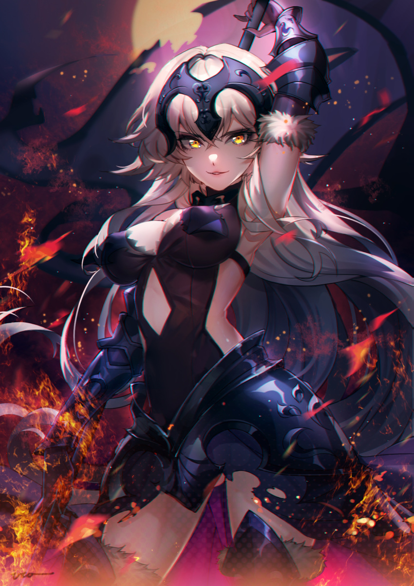 1girl arm_up armor armored_dress armpits banner black_dress black_sleeves breasts cleavage cowboy_shot detached_sleeves dress fate/grand_order fate_(series) faulds fire floating_hair fur-trimmed_sleeves fur_trim hair_between_eyes headpiece highres holding jeanne_d'arc_(alter)_(fate) jeanne_d'arc_(fate)_(all) long_hair long_sleeves looking_at_viewer medium_breasts outdoors parted_lips sai_ichirou silver_hair sleeveless sleeveless_dress smile solo standing very_long_hair yellow_eyes