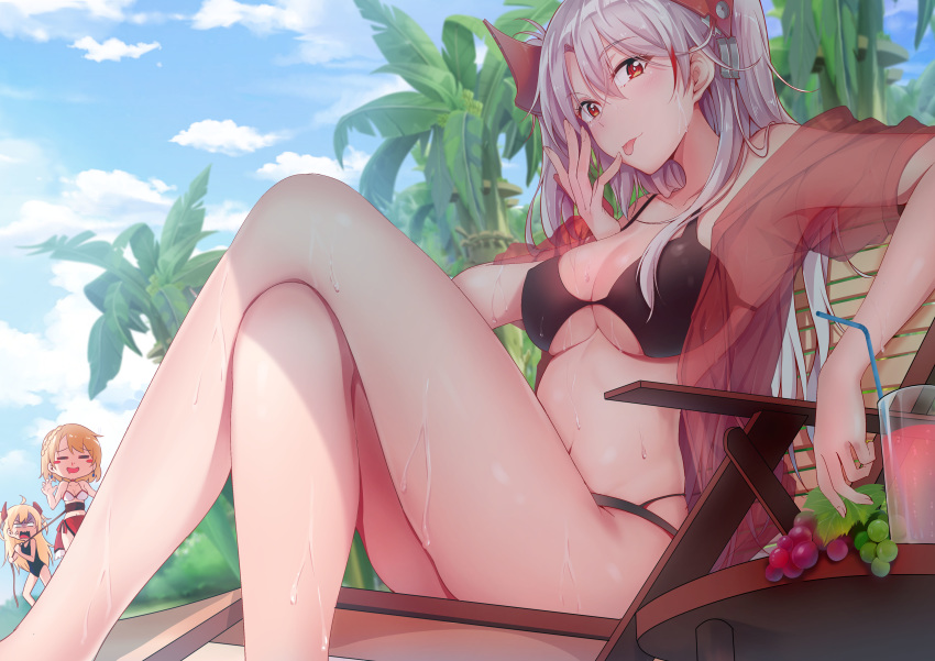 :3 :q absurdres admiral_hipper_(azur_lane) ahoge anger_vein armpits azur_lane bangs bare_shoulders bikini black_bikini blush bound braid breasts chair cleavage collarbone commentary_request crossed_legs cup day drinking_straw drooling elbow_rest eyebrows_visible_through_hair finger_licking food french_braid fruit grapes groin hair_between_eyes headgear highres hirakuneko iron_cross large_breasts licking long_hair looking_at_viewer lounge_chair multicolored_hair multiple_girls navel one-piece_swimsuit open_clothes open_mouth open_shirt outdoors prince_of_wales_(azur_lane) prinz_eugen_(azur_lane) red_hair red_shirt rope sarong see-through shirt short_hair sidelocks silver_hair sitting skindentation smile stomach streaked_hair sun swimsuit thighs tied_up tongue tongue_out tropical_drink two_side_up very_long_hair wet