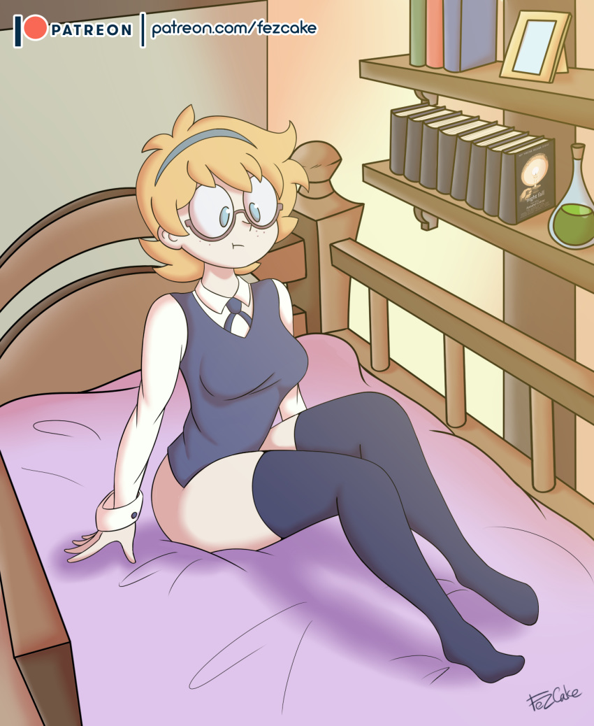1girl blonde_hair book fezcake glasses hairband legs little_witch_academia lotte_jansson patreon short_hair solo stockings