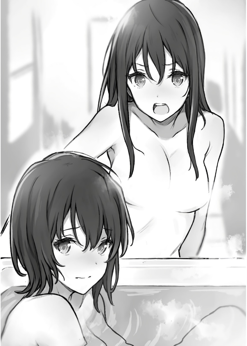 2girls bathroom bathtub breasts collarbone convenient_censoring gamers! greyscale hair_between_eyes hair_censor hair_over_breasts highres medium_breasts monochrome multiple_girls novel_illustration nude official_art open_mouth partially_submerged saboten short_hair steam steam_censor upper_body