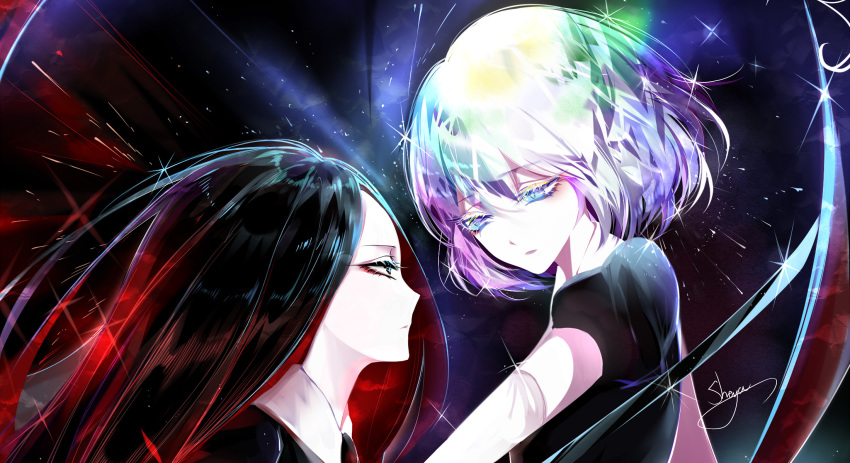 androgynous artist_name black_hair black_neckwear blue_eyes bort diamond_(houseki_no_kuni) elbow_gloves eye_contact eyebrows_visible_through_hair from_side gem_uniform_(houseki_no_kuni) gloves highres holding holding_sword holding_weapon houseki_no_kuni katana long_hair looking_at_another multicolored_hair multiple_others necktie parted_lips profile red_hair sheya short_hair signature silver_hair sparkle streaked_hair sword upper_body weapon white_gloves