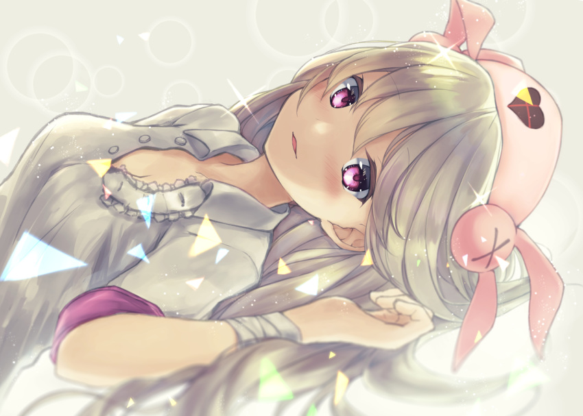 bandaged_arm bandages bangs blonde_hair blurry blush breasts buttons cleavage collared_shirt depth_of_field eyebrows_visible_through_hair hat heart long_hair looking_at_viewer lying medium_breasts natori_sana nurse_cap on_back parted_lips pink_eyes rupe_paperu sana_channel shirt short_sleeves solo upper_body virtual_youtuber white_shirt wing_collar