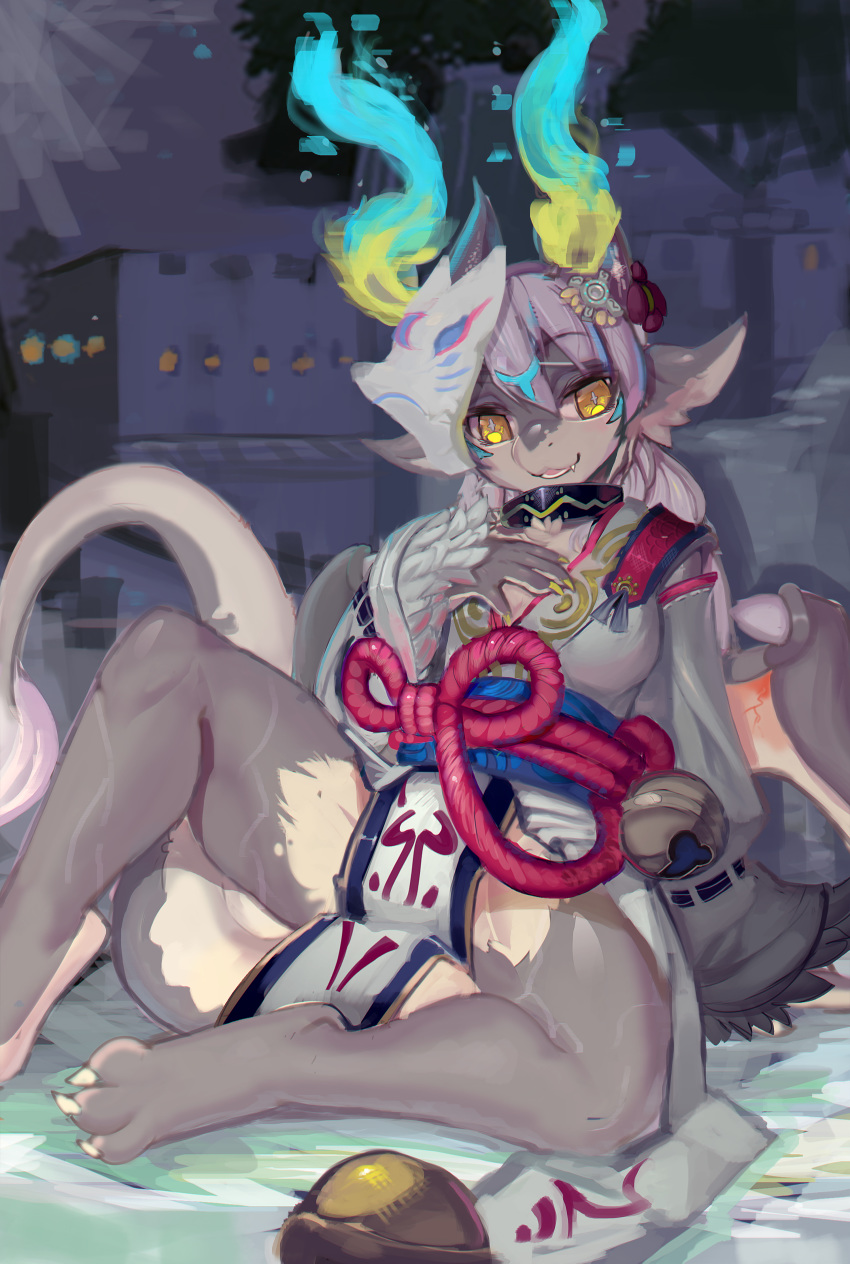 2016 absurd_res anthro bell breasts claws cleavage clothed clothing costom10 costom10_(character) dragon female fur hair hi_res horn japanese_clothing kemono loincloth mask open_mouth outside sitting smile solo spread_legs spreading toes yellow_iris