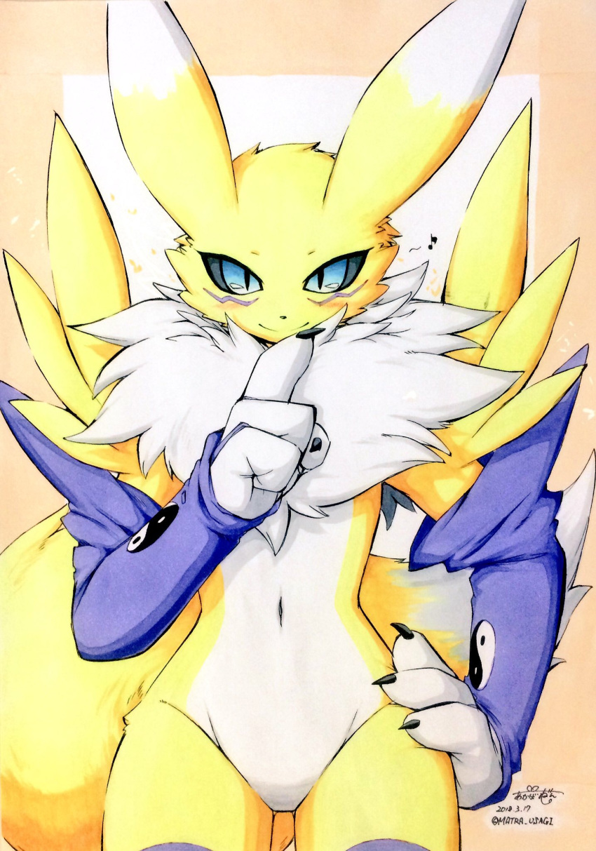 black_sclera blue_eyes clothing digimon featureless_crotch female fur hand_on_mouth jinya renamon signature standing traditional_media_(artwork) tuft white_fur yellow_fur あかばね_じん